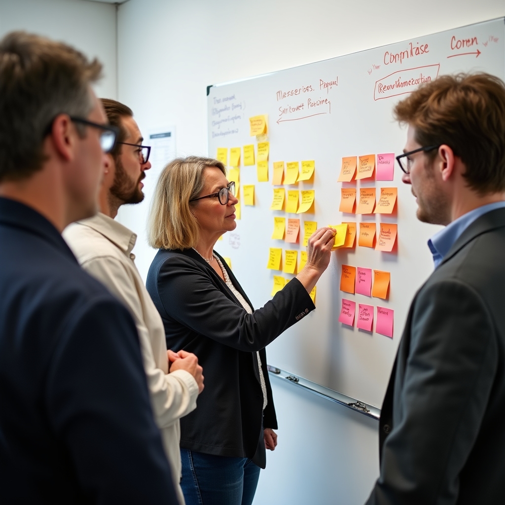 Gruppe von Erwachsenen arbeitet gemeinsam an Kompetenz-Analyse auf großem Whiteboard