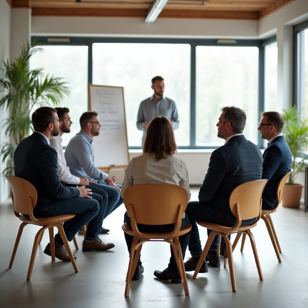 Gruppenberatung für Karrierewechsel in einem offenen Workshopraum
