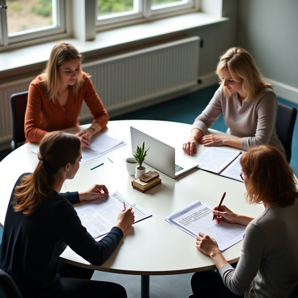 Workshop-Teilnehmer erstellen gemeinsam individuelle Übergangspläne mit Post-its und Dokumenten